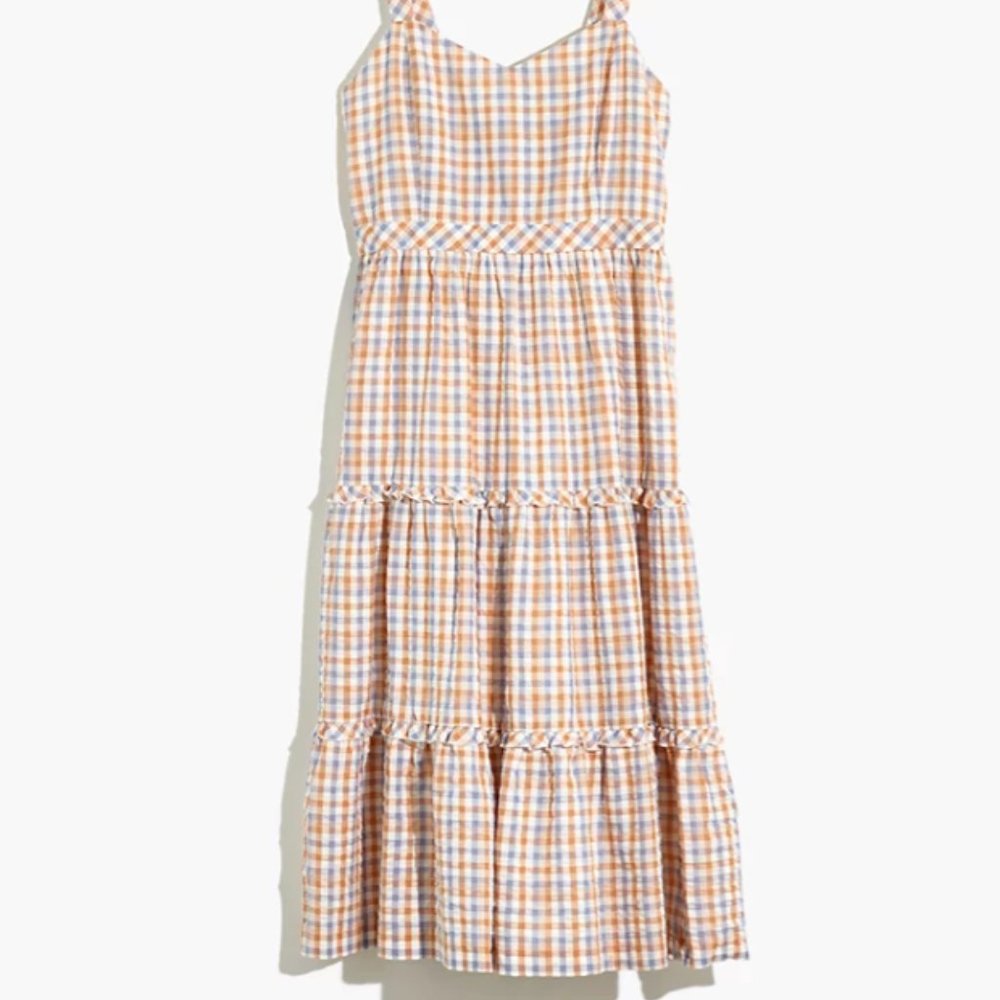 Madewell Gingham Sweetheart Ruffle-Tiered Midi Dress US16